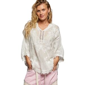 NS21. POL Embroidered Crochet Oversized Bohemian Off White  Blouse One Size